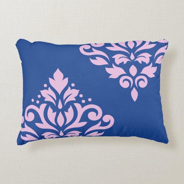 Scroll Damask Art I Pink on Blue Accent Pillow (Front)