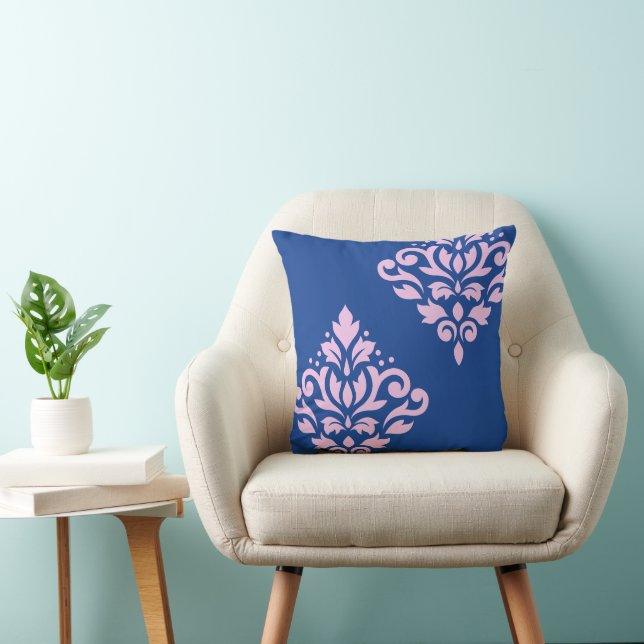 Scroll Damask Art I Pink on Blue Throw Pillow (Chair)