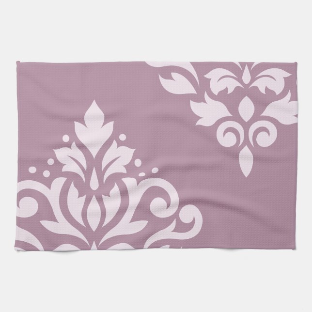 Scroll Damask Art I Pink on Mauve Kitchen Towel (Horizontal)