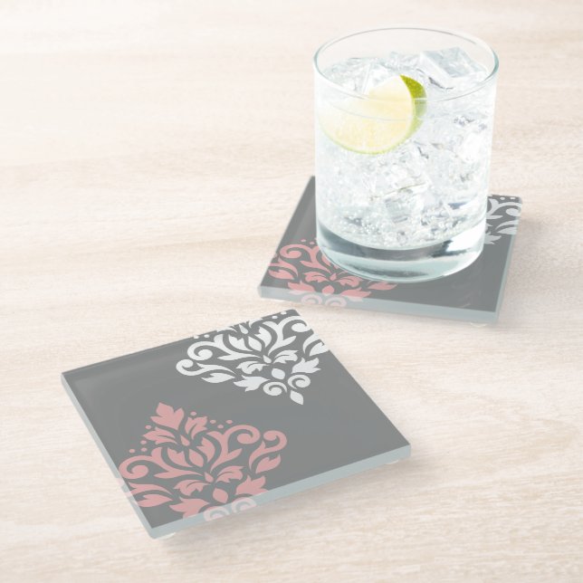 Scroll Damask Art I Pink White Grey Glass Coaster (Angled)