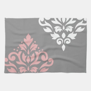 Scroll Damask Art I Pink White Grey Kitchen Towel