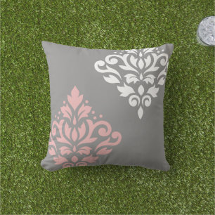 Scroll Damask Art I Pink White Grey Outdoor Pillow