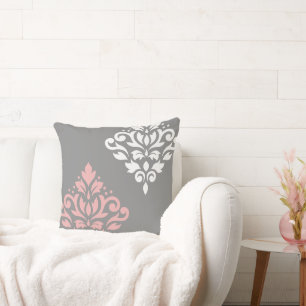 Scroll Damask Art I Pink White Grey Throw Pillow