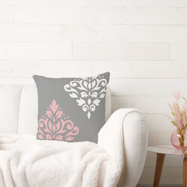 Scroll Damask Art I Pink White Grey Throw Pillow (Couch)