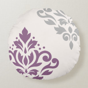 Scroll Damask Art I Plum & Grey on Cream Round Pillow