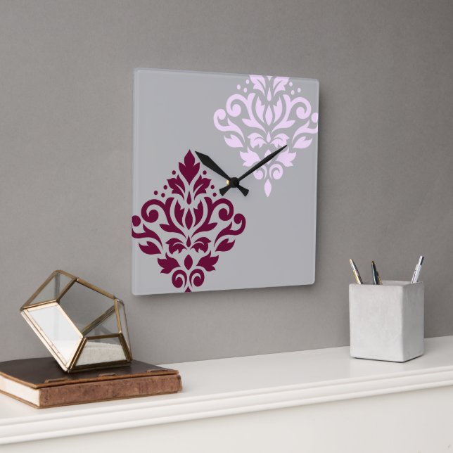 Scroll Damask Art I Plum Pink Grey Square Wall Clock (Office)