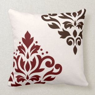 Scroll Damask Art I Red & Brown on Cream Throw Pillow