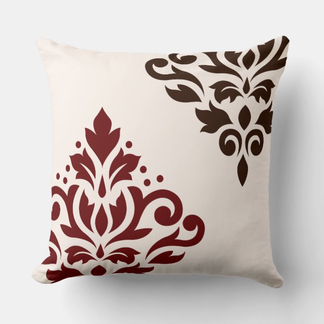 Scroll Damask Art I Red & Brown on Cream Throw Pillow (Front)