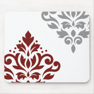 Scroll Damask Art I Red & Grey on White Mouse Pad
