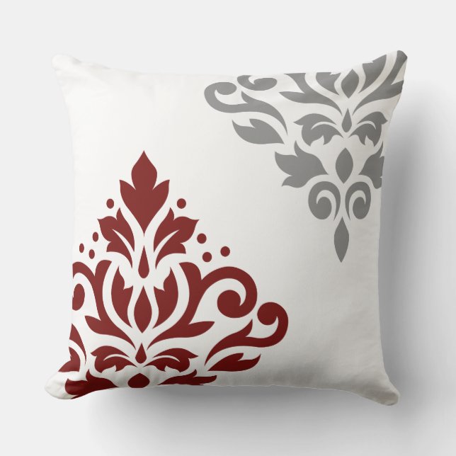 Scroll Damask Art I Red & Grey on White Throw Pillow (Front)