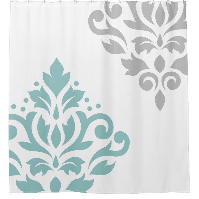 Scroll Damask Art I Teal & Grey on White (Front)