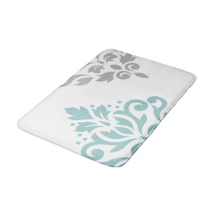 Scroll Damask Art I Teal & Grey on White Bath Mat