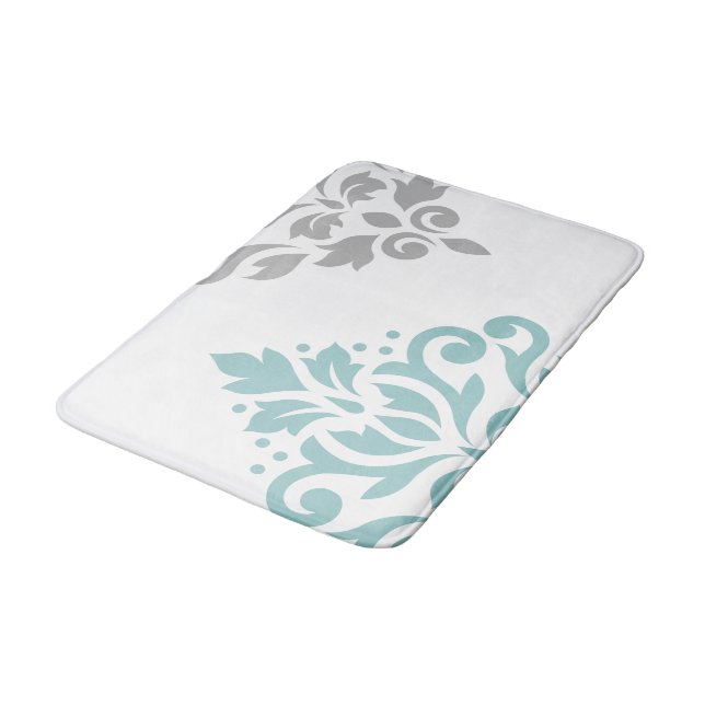 Scroll Damask Art I Teal & Grey on White Bath Mat (Angled)