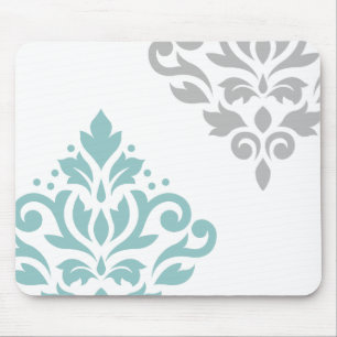 Scroll Damask Art I Teal & Grey on White Mouse Pad