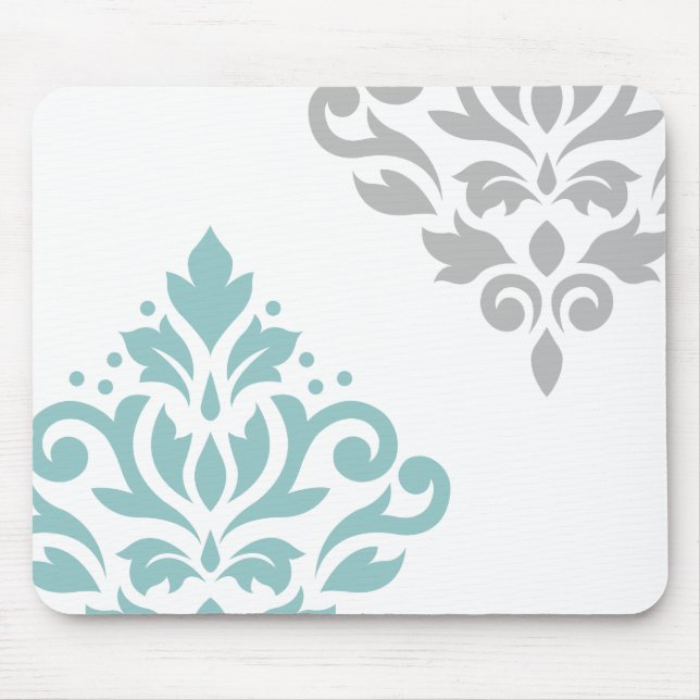 Scroll Damask Art I Teal & Grey on White Mouse Pad (Front)