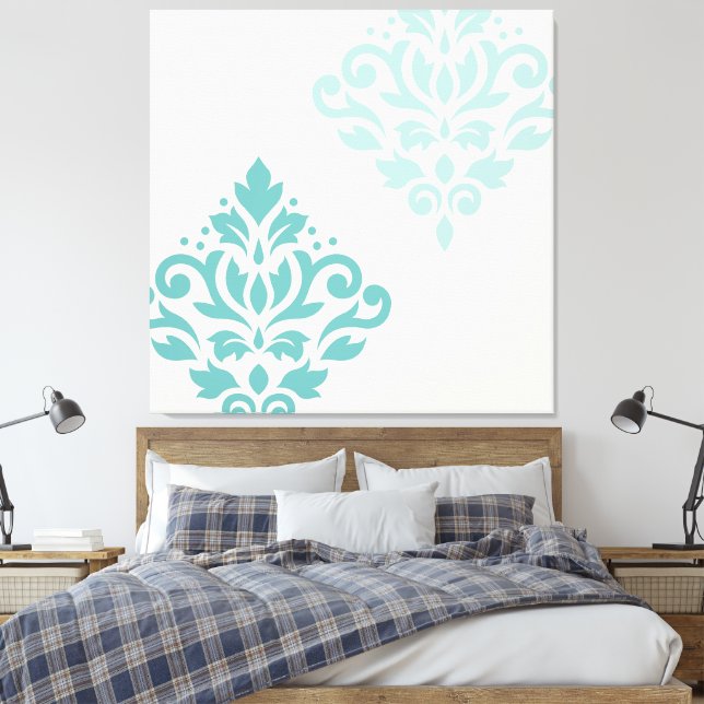 Scroll Damask Art I Teals on Cream Canvas Print (Insitu(Bedroom))