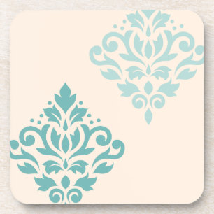 Scroll Damask Art I Teals on Cream Coaster