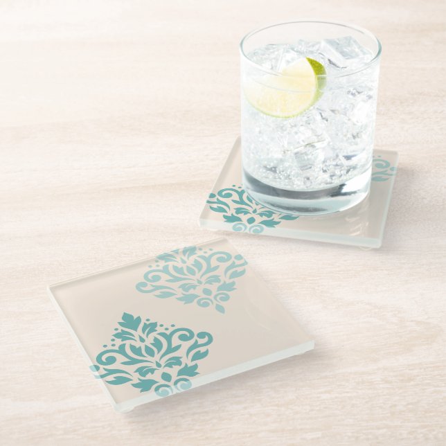 Scroll Damask Art I Teals on Cream Glass Coaster (Angled)