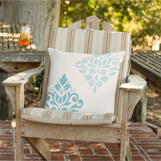 Scroll Damask Art I Teals on Cream Outdoor Pillow (Chair)