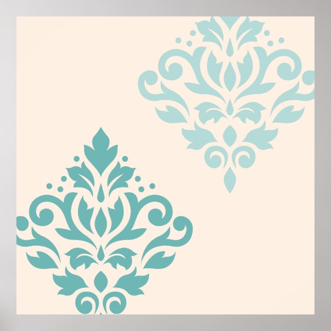 Scroll Damask Art I Teals on Cream Poster (Front)