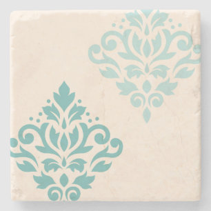 Scroll Damask Art I Teals on Cream Stone Coaster