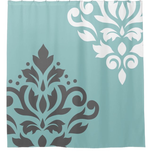 Scroll Damask Art I White & Grey on Light Teal (Front)