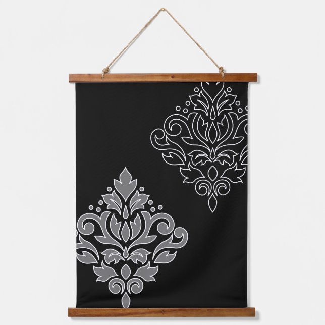 Scroll Damask Art I White Line Grey Black Hanging Tapestry (Front)
