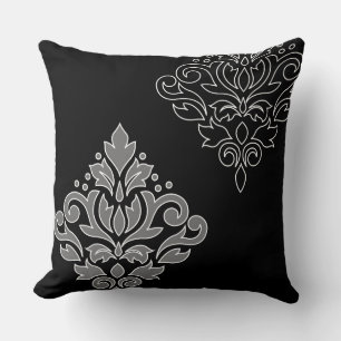 Scroll Damask Art I White Line Grey Black Throw Pillow