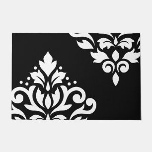 Scroll Damask Art I White on Black Doormat