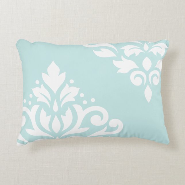 Scroll Damask Art I White on Duck Egg Blue Accent Pillow (Front)