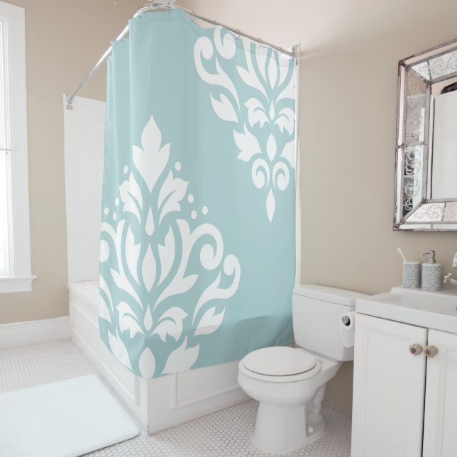 Scroll Damask Art I White on Duck Egg Blue (B) (In Situ)