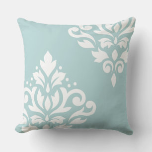 Scroll Damask Art I White on Duck Egg Blue (B) Throw Pillow