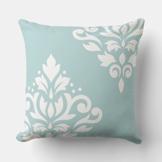 Scroll Damask Art I White on Duck Egg Blue (B) Throw Pillow (Front)