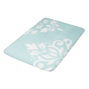 Scroll Damask Art I White on Duck Egg Blue Bath Mat