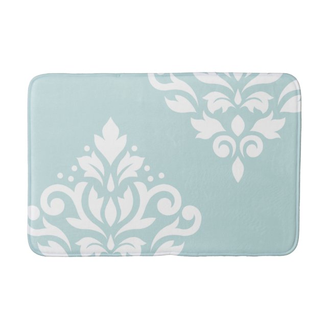 Scroll Damask Art I White on Duck Egg Blue Bath Mat (Front)