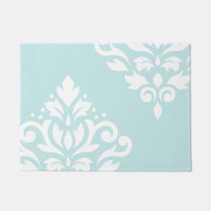 Scroll Damask Art I White on Duck Egg Blue Doormat