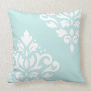 Scroll Damask Art I White on Duck Egg Blue Throw Pillow