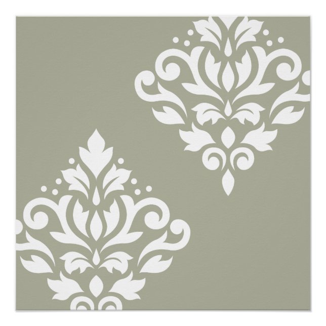 Scroll Damask Art I White on Green Poster (Front)