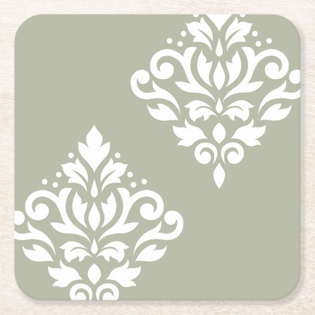 Scroll Damask Art I White on Green Square Paper Coaster (Front)