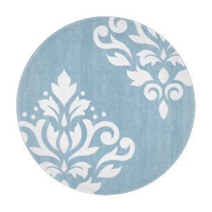 Scroll Damask Art I White on Light Blue Cutting Board