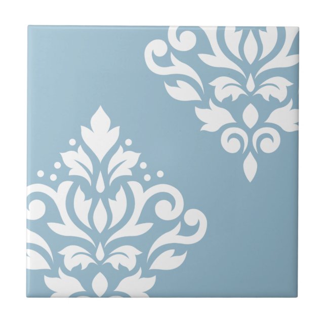 Scroll Damask Art I White on Light Blue Tile (Front)