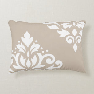 Scroll Damask Art I White on Light Taupe Decorative Pillow