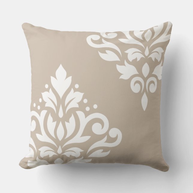 Scroll Damask Art I White on Light Taupe Throw Pillow (Front)