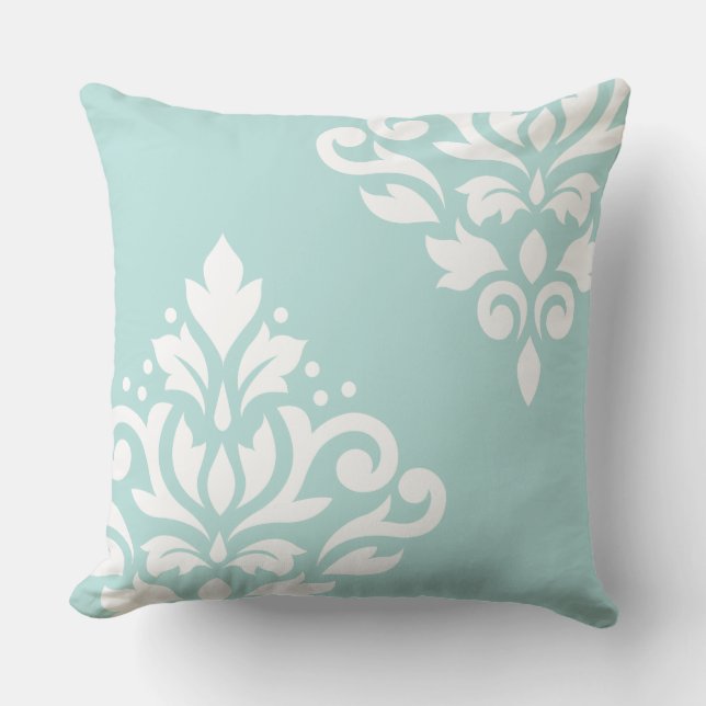 Scroll Damask Art I White on Light Teal Throw Pillow (Front)