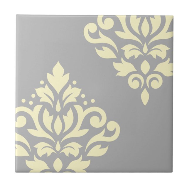 Scroll Damask Art I Yellow on Grey Tile (Front)