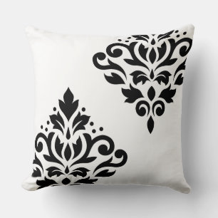 Scroll Damask Art Ib Black on White Throw Pillow