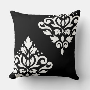 Scroll Damask Art Ib White on Black Throw Pillow