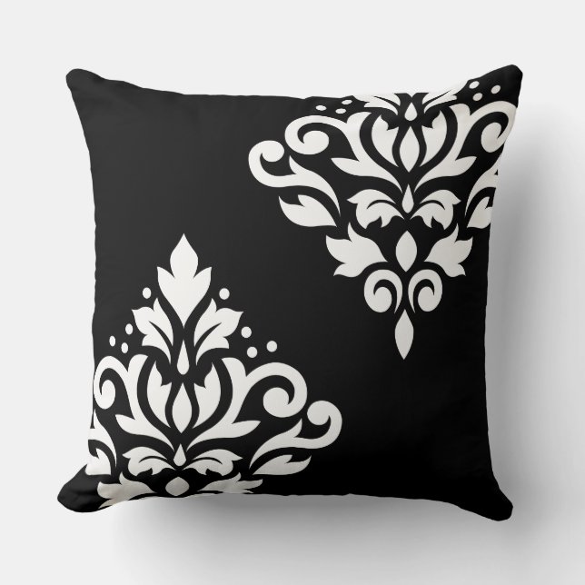 Scroll Damask Art Ib White on Black Throw Pillow (Front)