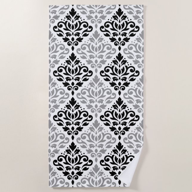 Scroll Damask Big Pattern Black Grey White Beach Towel (Front)