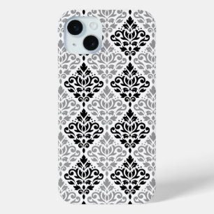 Scroll Damask Big Pattern Black Grey White iPhone 15 Mini Case
